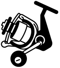 dessin de moulinet de pêche en noir et blanc. Moulinet spinning avec manivelle à gauche