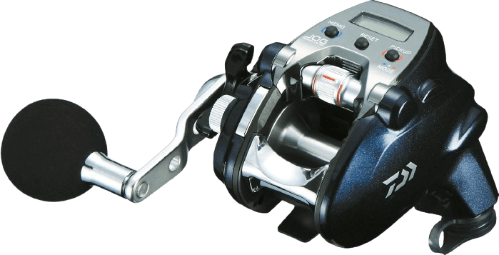 moulinet de pêche éléctrique daiwa leobritz gris et bleu avec cadran