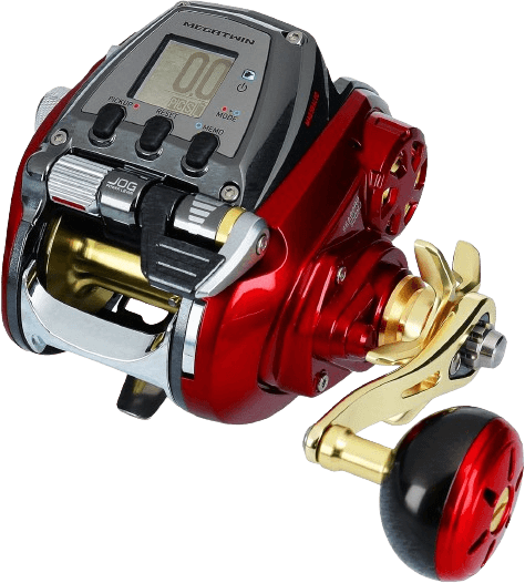 moulinet électrique daiwa seoborg rouge noir et or avec cadran